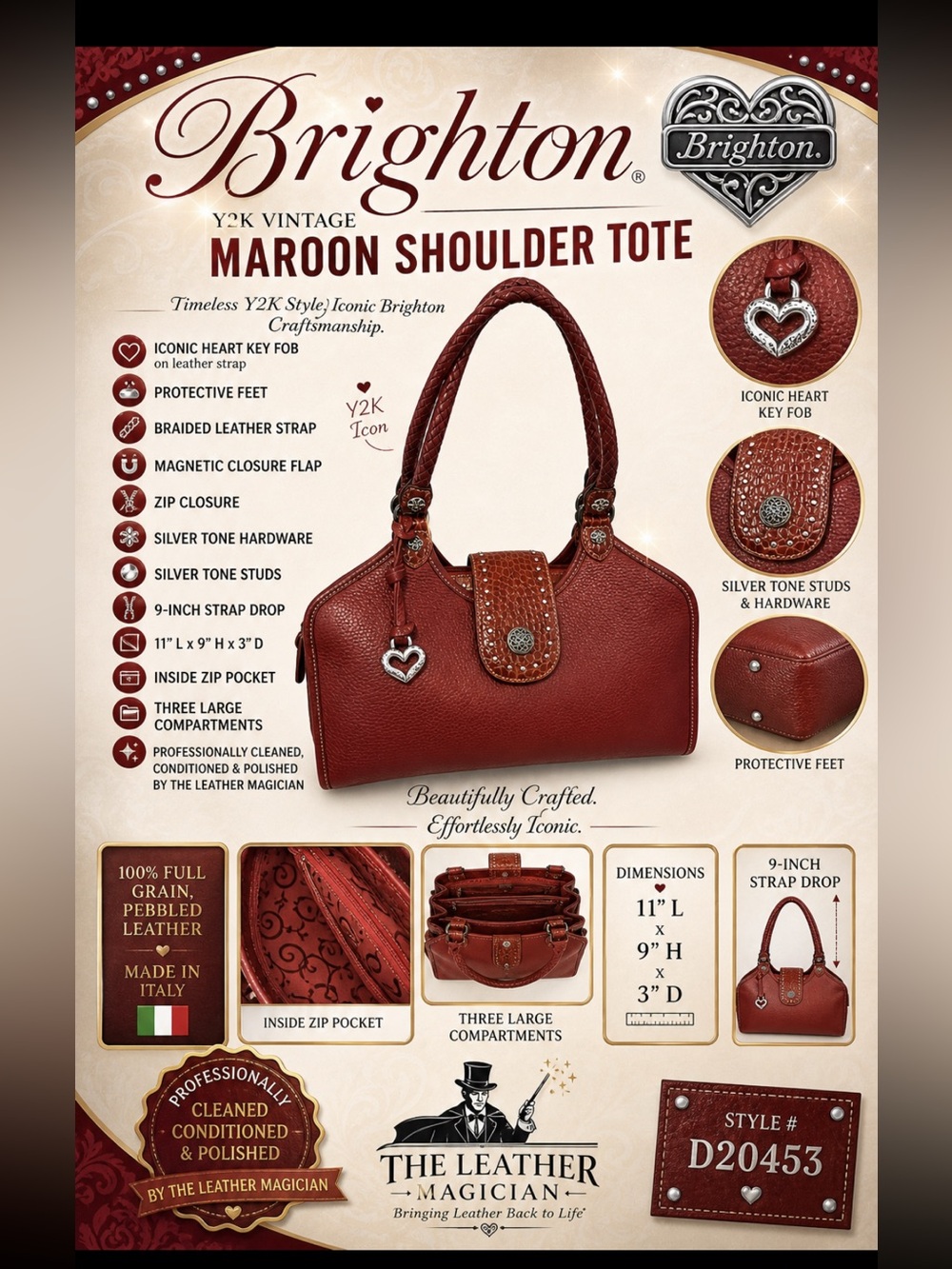 Brighton Y2K Vintage Maroon Pebbled Leather Shoulder Tote Heart Charm Italy